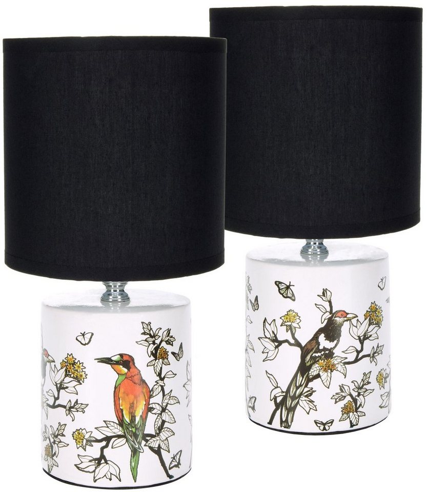 BRUBAKER Nachttischlampe Tischlampe Vogel Design Asiatisch - 1x oder 2er Set - Schirm Schwarz, ohne Leuchtmittel, Designer Lampen mit Keramikfuß, Höhe ca. 30 cm - Tischleuchte von BRUBAKER