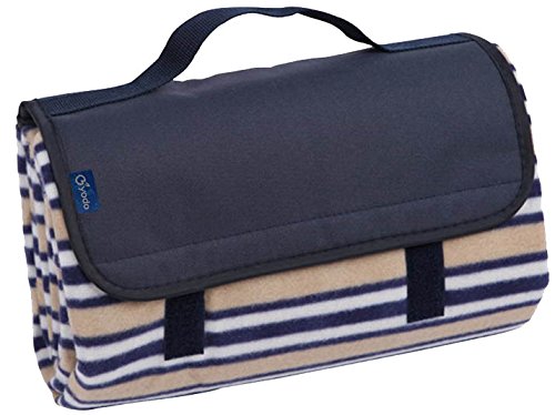 BRUBAKER Picknick Decke Fleece mit wasserfester PEVA Unterseite 150 x 135 cm - Blau Beige Streifen von BRUBAKER