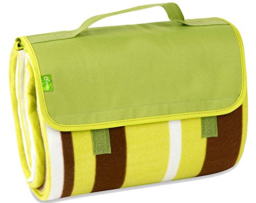 BRUBAKER Picknick Decke Fleece mit wasserfester PEVA Unterseite 150 x 135 cm Hellgrün Streifen Braun Weiß von BRUBAKER