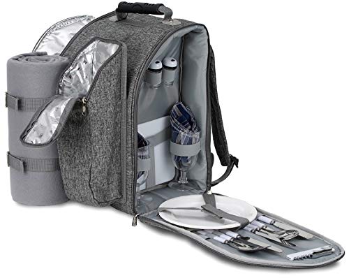 BRUBAKER Picknickrucksack für 2 Personen Grau 28 × 40 × 22 cm - mit Kühlfach, Iso-Flaschenhalter und Fleece-Decke mit wasserdichter Unterseite von BRUBAKER