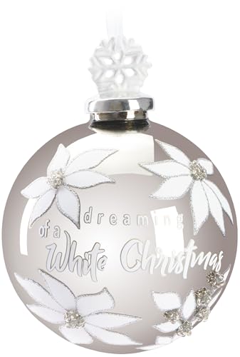 BRUBAKER Premium Weihnachtskugel Dreaming of a White Christmas - 10 cm Baumkugel aus Glas mit Schneeflocken Figur aus Porzellan - Weihnachtsbaumkugel Silber mit Glitzer und weißen Blumen von BRUBAKER