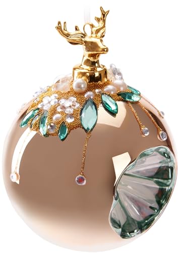 BRUBAKER Premium Weihnachtskugel Gold mit Hirsch Figur - 10 cm Christbaumschmuck mit Perlen Dekorationen - Von Hand dekorierte Baumkugel aus Glas - Weihnachtsdeko Christbaumkugel von BRUBAKER