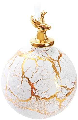 BRUBAKER Premium Weihnachtskugel Hirsch auf Marmor Kugel Weiß Gold - 10 cm Baumkugel aus Glas mit Hirschkopf Figur aus Porzellan - Weihnachtsbaumkugel in Marmor-Optik - Weihnachtsdekoration von BRUBAKER