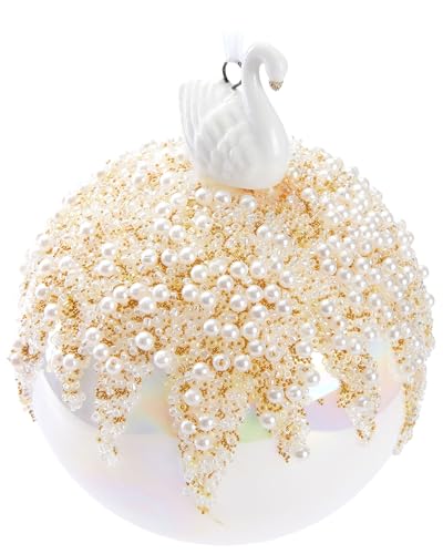 BRUBAKER Premium Weihnachtskugel Perle mit Schwan Porzellan Figur - 10 cm Baumkugel aus Glas - Hergestellt in Handarbeit - Christbaumschmuck Weihnachtsdeko Christbaumkugel - Weiß Bunt von BRUBAKER