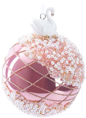 BRUBAKER Premium Weihnachtskugel Rosa mit Schwan Figur - Von Hand dekorierte Baumkugel aus Glas - 10 cm Christbaumschmuck mit Perlen Dekorationen und Glitzer - Weihnachtsdeko Christbaumkugel von BRUBAKER