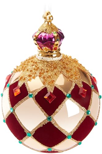 BRUBAKER Premium Weihnachtskugel Royal King - Königliche Baumkugel Gold Rot - Kariert mit Samt, Glitzer und Krone - 14 cm große Baumkugel aus Glas mit Porzellan Figur - Weihnachtsbaumkugel von BRUBAKER