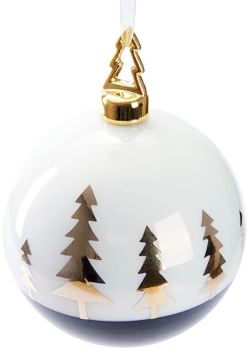 BRUBAKER Premium Weihnachtskugel Tannenbaum Gold - 10 cm Baumkugel aus Glas Weiß Schwarz mit goldenen Tannenbäumen - Weihnachtsbaumkugel mit Porzellan Figur Weihnachtsbaum - Handbemalt von BRUBAKER