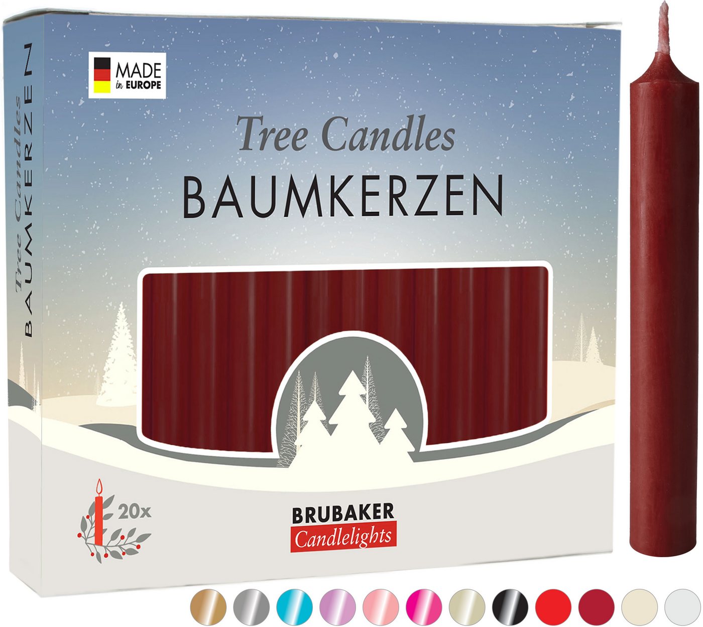 BRUBAKER Tafelkerze Baumkerzen aus Wachs (1 Packung Christbaumkerzen, 20-tlg), rauchfreie und geruchsneutrale Pyramidenkerzen, Wachskerzen für Weihnachtsdekoration, bunte Weihnachtskerzen von BRUBAKER