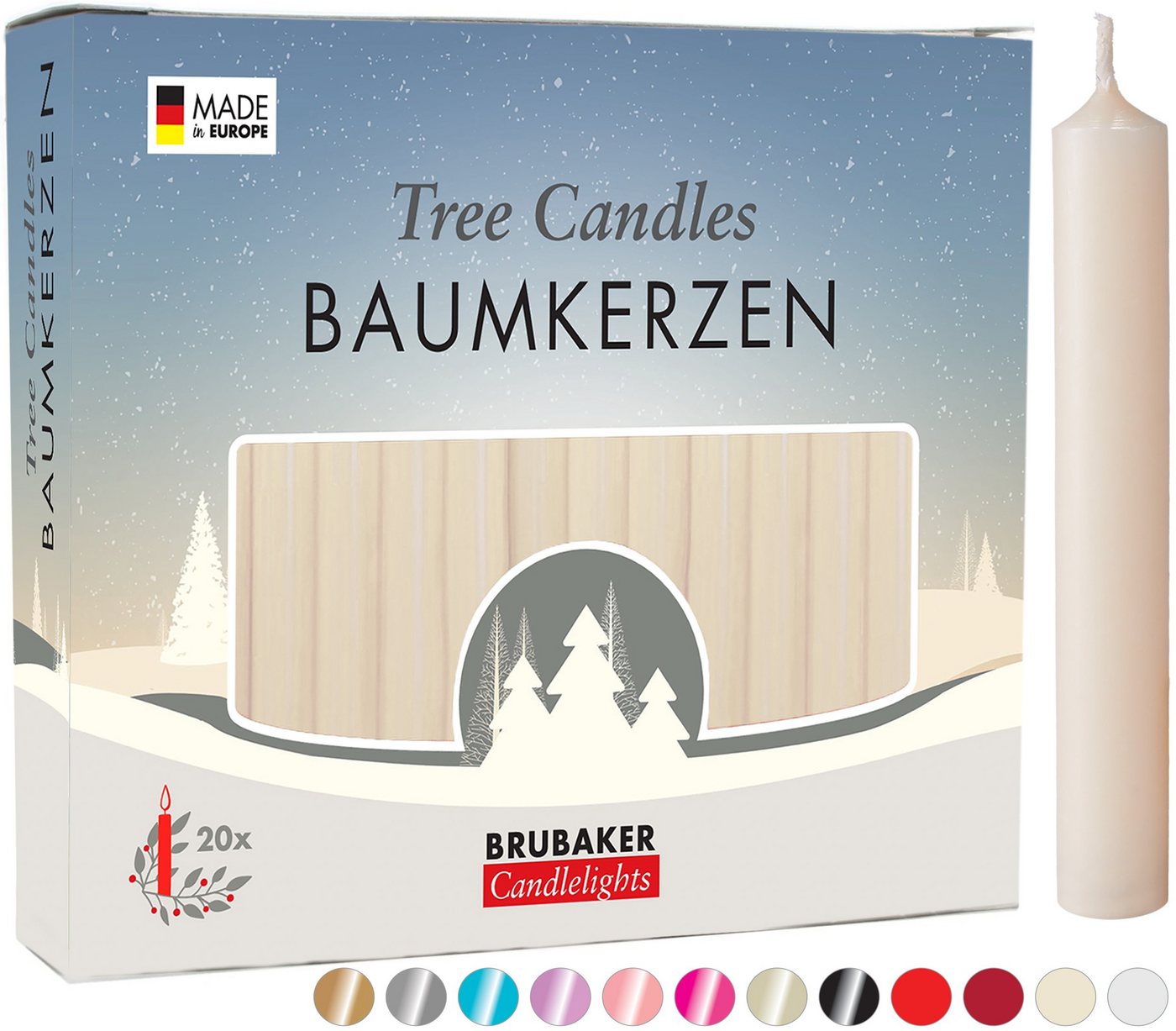 BRUBAKER Tafelkerze Baumkerzen aus Wachs (1 Packung Christbaumkerzen, 20-tlg), rauchfreie und geruchsneutrale Pyramidenkerzen, Wachskerzen für Weihnachtsdekoration, bunte Weihnachtskerzen von BRUBAKER