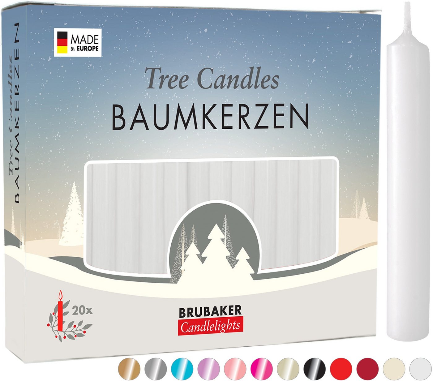 BRUBAKER Tafelkerze Baumkerzen aus Wachs (1 Packung Christbaumkerzen, 20-tlg), rauchfreie und geruchsneutrale Pyramidenkerzen, Wachskerzen für Weihnachtsdekoration, bunte Weihnachtskerzen von BRUBAKER