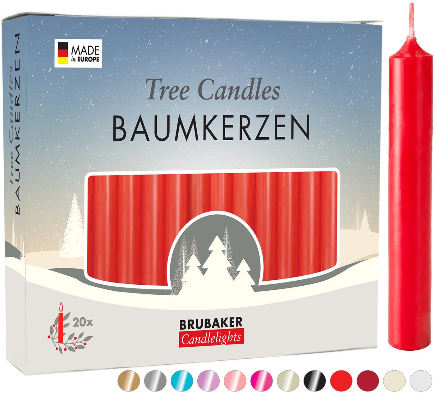 BRUBAKER Tafelkerze Baumkerzen aus Wachs (1 Packung Christbaumkerzen, 20-tlg), rauchfreie und geruchsneutrale Pyramidenkerzen, Wachskerzen für Weihnachtsdekoration, bunte Weihnachtskerzen von BRUBAKER