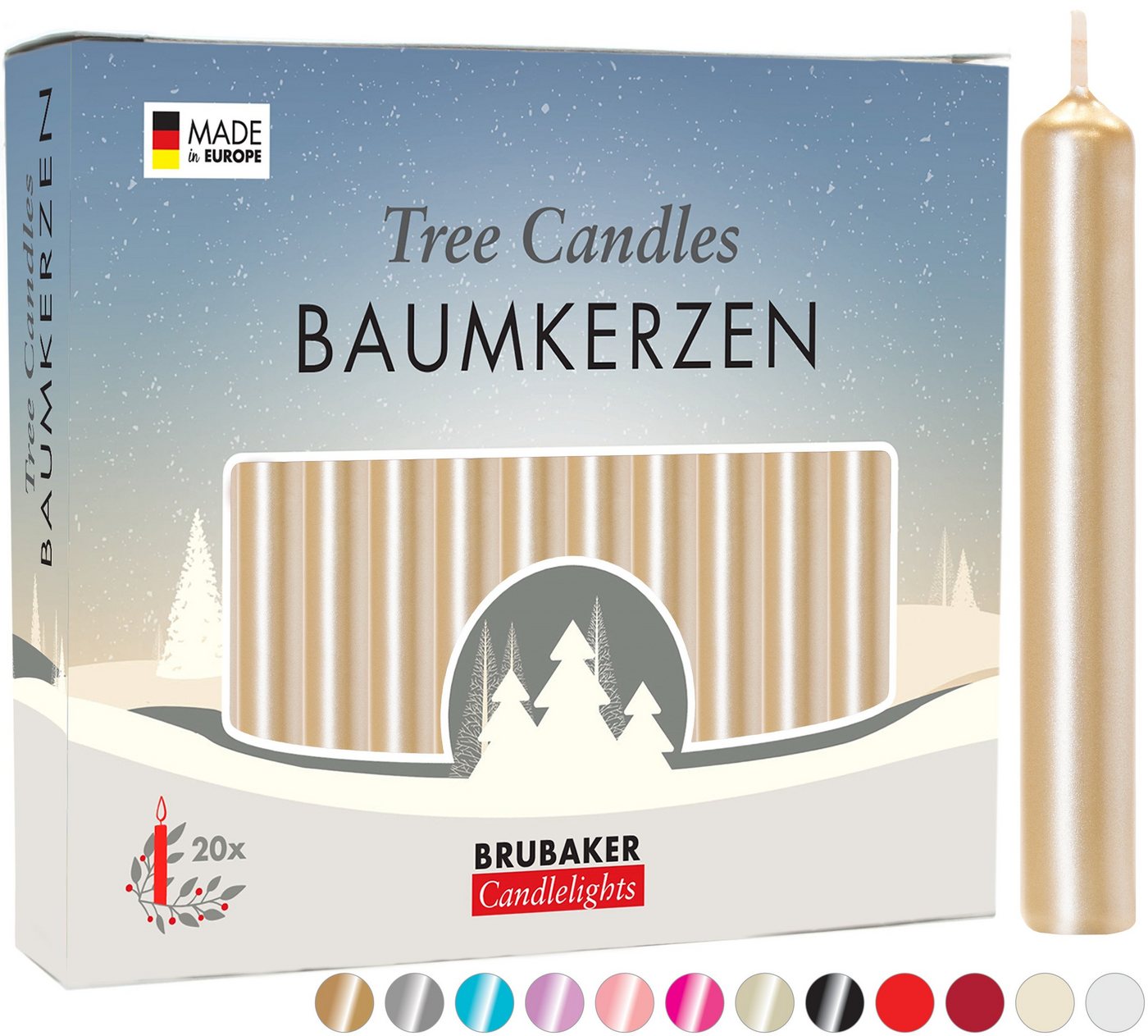 BRUBAKER Tafelkerze Baumkerzen aus Wachs (1 Packung Christbaumkerzen, 20-tlg), rauchfreie und geruchsneutrale Pyramidenkerzen, Wachskerzen für Weihnachtsdekoration, bunte Weihnachtskerzen von BRUBAKER