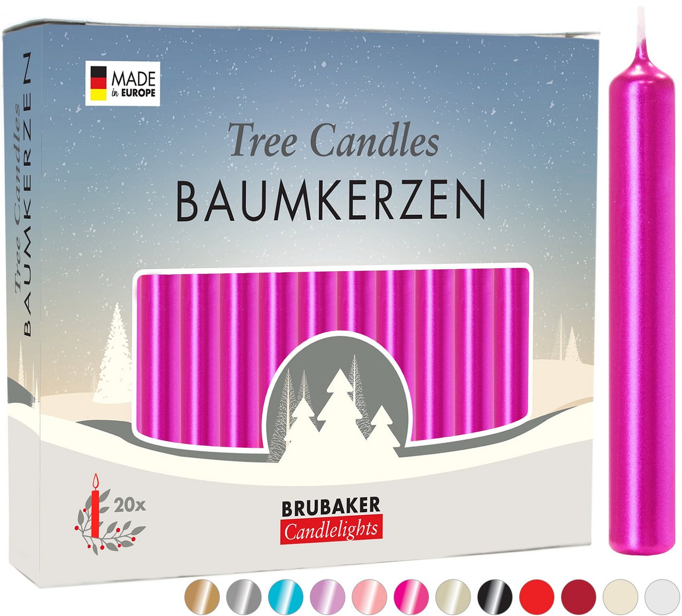 BRUBAKER Tafelkerze Baumkerzen aus Wachs (1 Packung Christbaumkerzen, 20-tlg), rauchfreie und geruchsneutrale Pyramidenkerzen, Wachskerzen für Weihnachtsdekoration, bunte Weihnachtskerzen von BRUBAKER