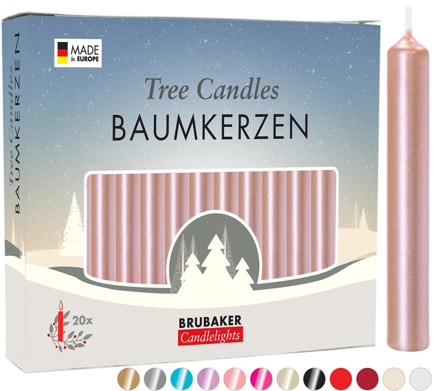 BRUBAKER Tafelkerze Baumkerzen aus Wachs (1 Packung Christbaumkerzen, 20-tlg), rauchfreie und geruchsneutrale Pyramidenkerzen, Wachskerzen für Weihnachtsdekoration, bunte Weihnachtskerzen von BRUBAKER