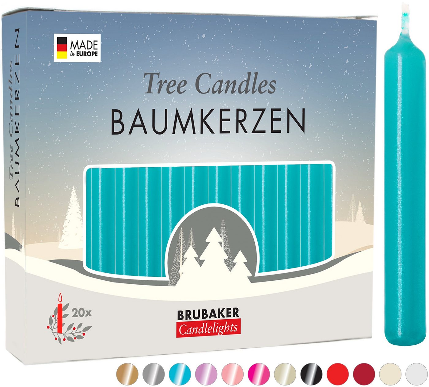 BRUBAKER Tafelkerze Baumkerzen aus Wachs (1 Packung Christbaumkerzen, 20-tlg), rauchfreie und geruchsneutrale Pyramidenkerzen, Wachskerzen für Weihnachtsdekoration, bunte Weihnachtskerzen von BRUBAKER