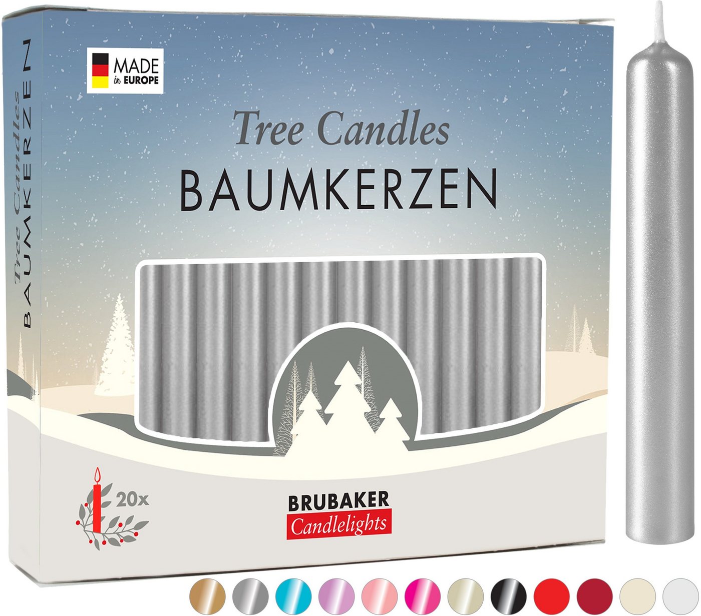 BRUBAKER Tafelkerze Baumkerzen aus Wachs (1 Packung Christbaumkerzen, 20-tlg), rauchfreie und geruchsneutrale Pyramidenkerzen, Wachskerzen für Weihnachtsdekoration, bunte Weihnachtskerzen von BRUBAKER