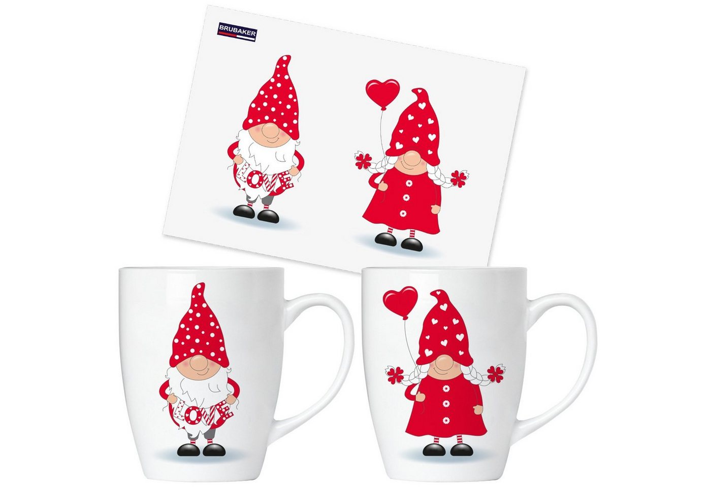 BRUBAKER Tasse Kaffeetassen Verliebte Zwerge mit Grußkarte, Keramik, Kaffeebecher für Valentinstag Weihnachten Weihnachtswichtel - 300 ml Wichtel Tassen Geschenkset - Herz Zwergen Set in Geschenkbox - Love Gnome von BRUBAKER