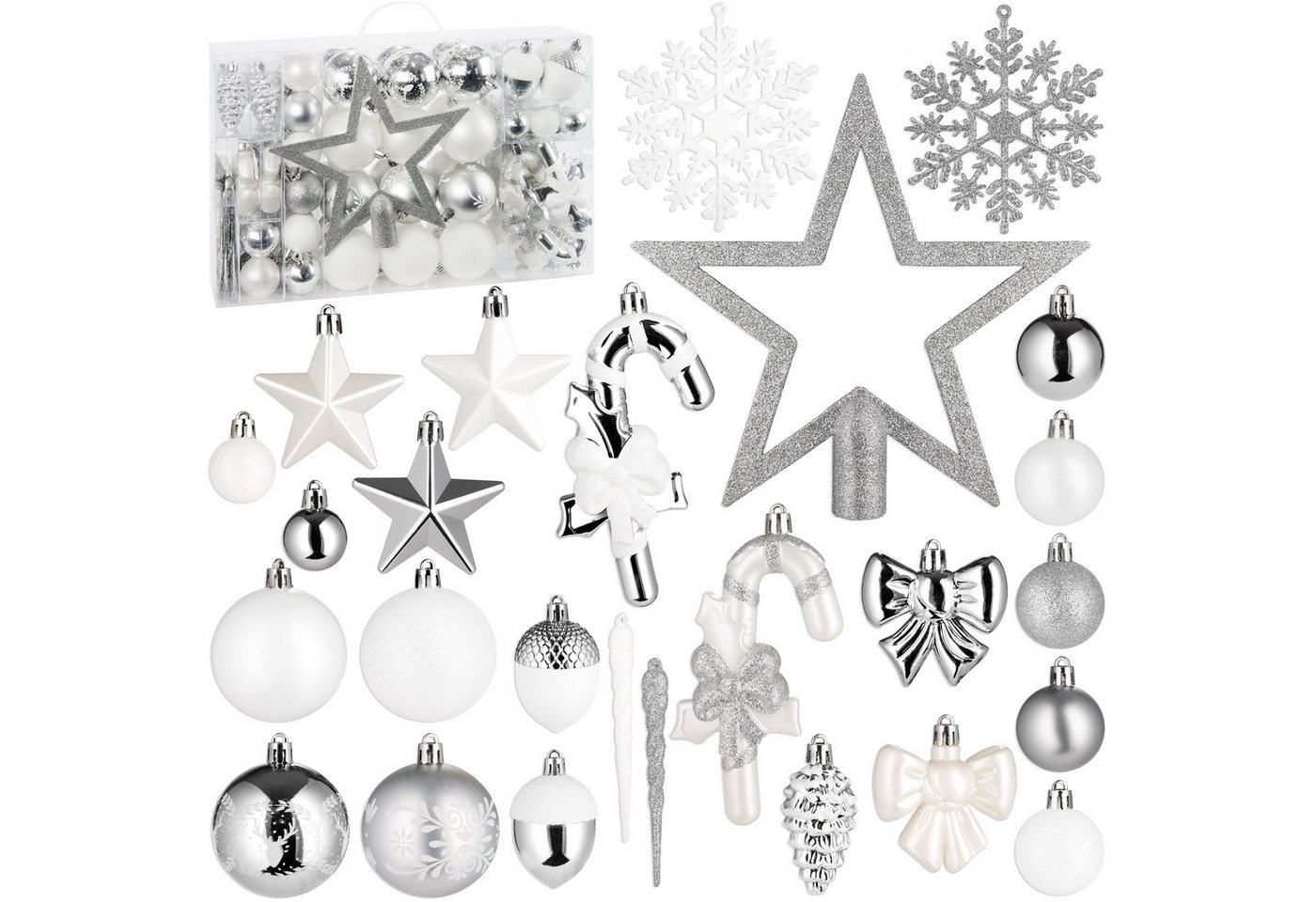 BRUBAKER Weihnachtsbaumkugel 101 Stück Premium Christbaumschmuck - Weihnachtskugel Set (101 St), Schneeflocken, Schleifen, Eiszapfen, Eicheln, Sternen Baumschmuck von BRUBAKER