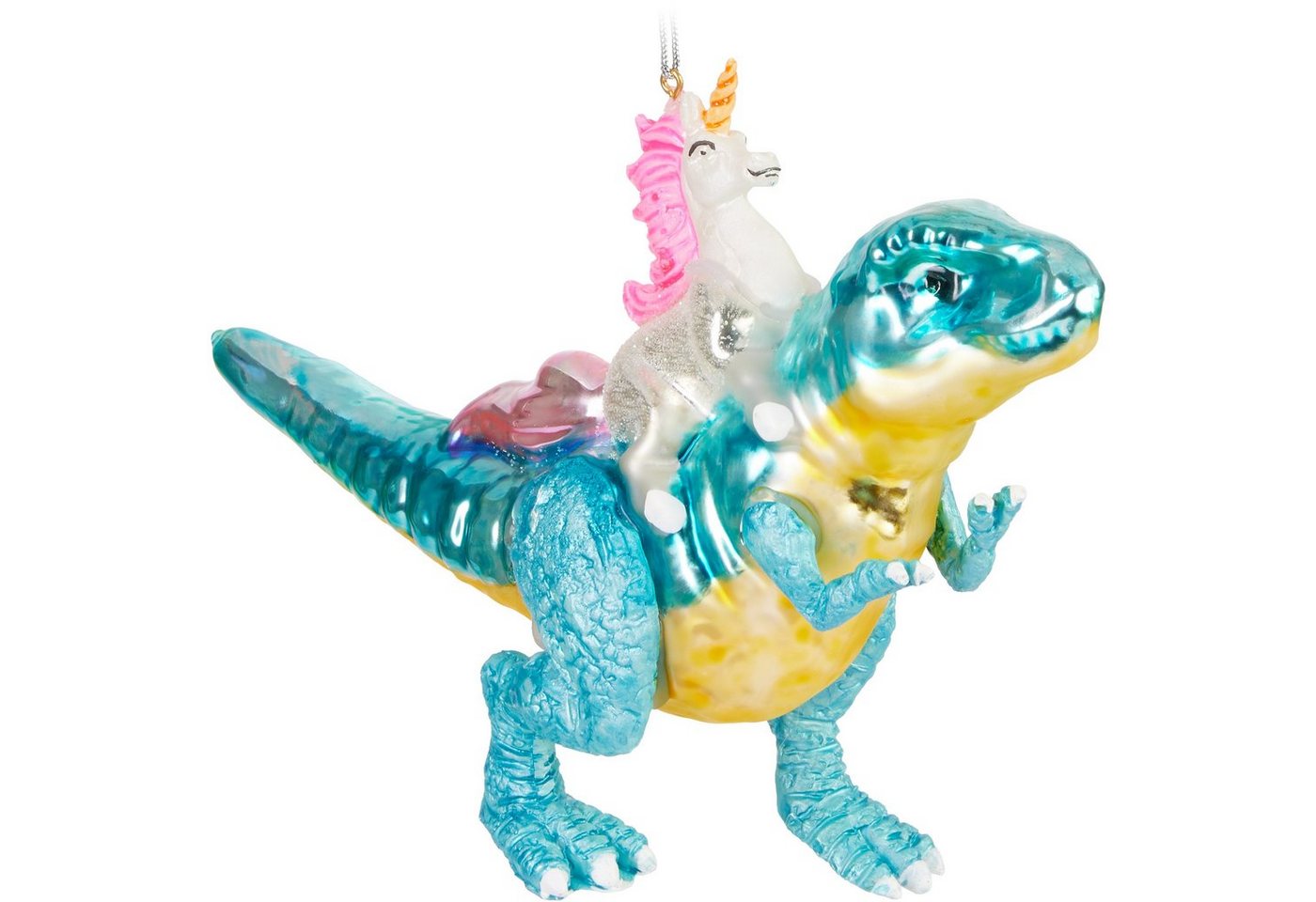 BRUBAKER Weihnachtsbaumkugel Einhorn reitet auf Dinosaurier Weihnachtskugel aus Glas - Handbemalt (1 St), Christbaumschmuck Dino Figur Lustig - Raptor Xmas von BRUBAKER