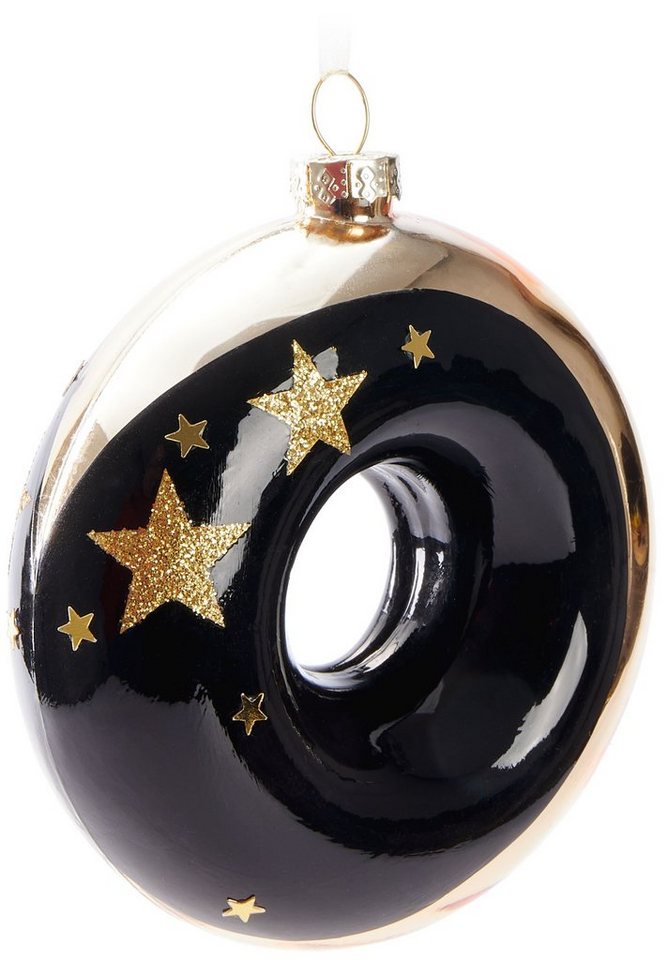 BRUBAKER Weihnachtsbaumkugel Premium Weihnachtskugel Donut - Gold, Schwarz und Weiß Muster (1 St), 10 cm Baumkugel aus Glas - Handbemalt - Luxus Christbaumkugel von BRUBAKER