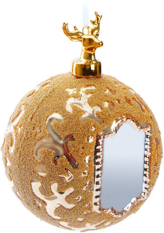 BRUBAKER Weihnachtsbaumkugel Premium Weihnachtskugel - Royal Deer - 10 cm Baumkugel mit Spiegel (1 St), Glas Christbaumkugel mit Gold Muster und Hirsch Figur - Handarbeit von BRUBAKER