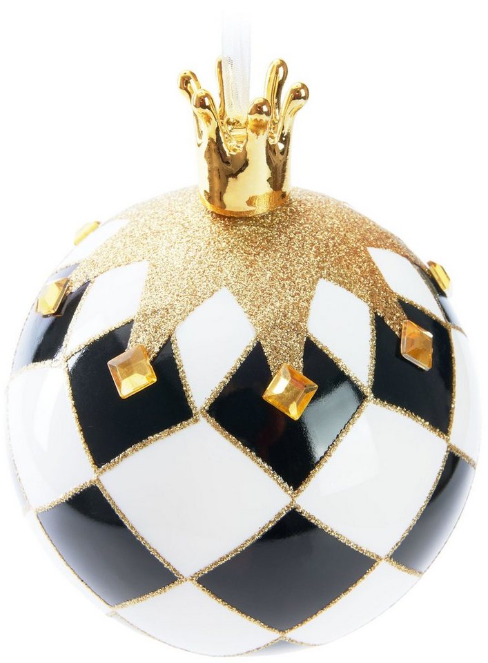 BRUBAKER Weihnachtsbaumkugel Premium Weihnachtskugel Schach König, Baumkugel mit Schachbrett Muster (1 St), 10 cm Weihnachtsbaumkugel mit Krone Gold - Handbemalte Christbaumkugel von BRUBAKER