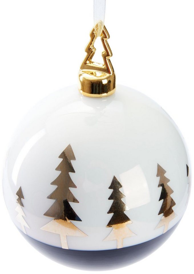 BRUBAKER Weihnachtsbaumkugel Premium Weihnachtskugel Tannenbaum Gold - 10 cm Baumkugel aus Glas (1 St), Weiß Schwarz mit goldener Weihnachtsbaum Figur - Handbemalt von BRUBAKER