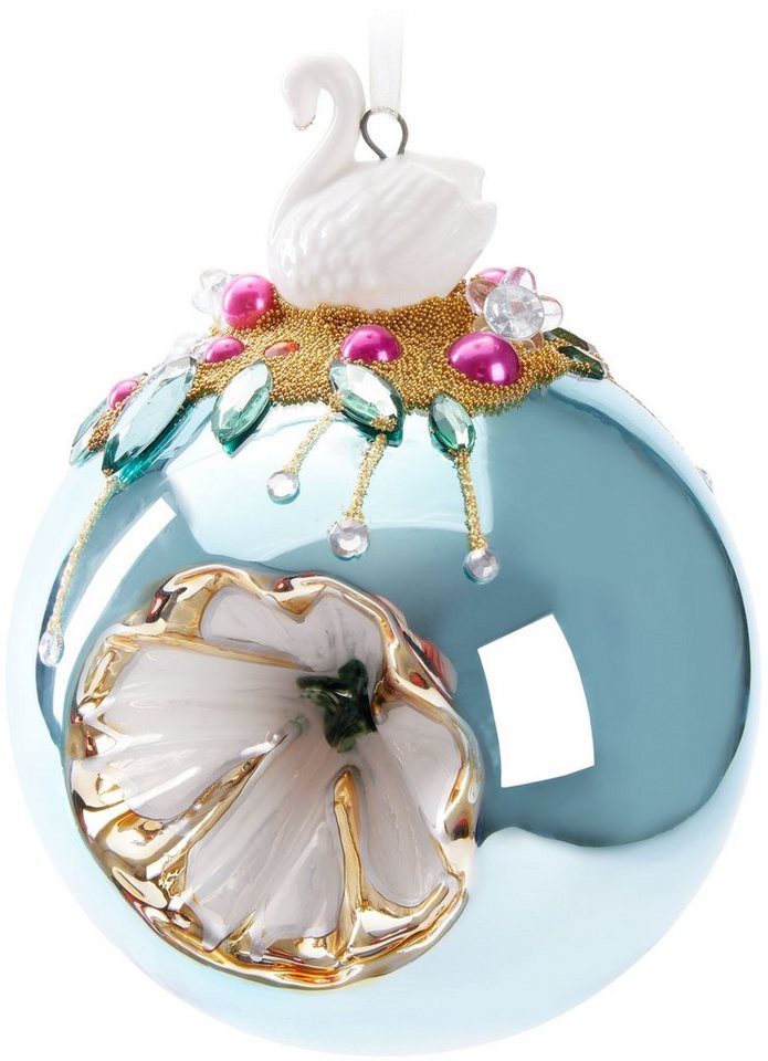 BRUBAKER Weihnachtsbaumkugel Premium Weihnachtskugel - Tiere mit Blumen - 10 cm Christbaumschmuck (1 St), Christbaumkugel aus Glas mit Perlen-Deko und Figur - Handdekoriert von BRUBAKER