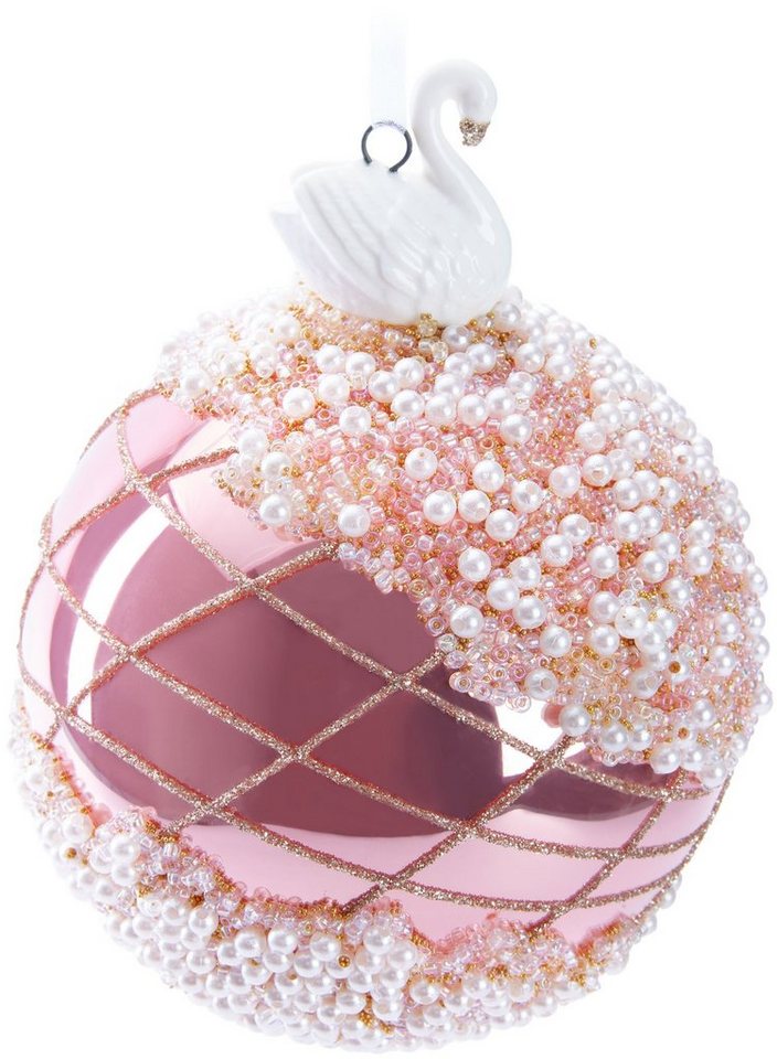 BRUBAKER Weihnachtsbaumkugel Premium Weihnachtskugel mit Porzellan Figur - Handdekorierte Baumkugel (1 St), 10 cm Christbaumschmuck aus Glas mit Perlen Dekorationen und Glitzer von BRUBAKER
