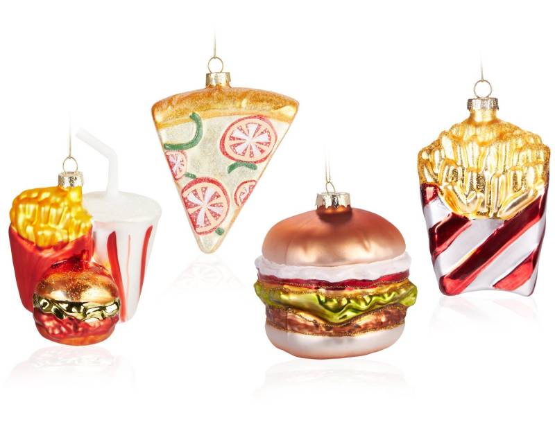 BRUBAKER Weihnachtsbaumkugel Weihnachtskugel Set Fast Food - Burger Pommes Softdrink Pizza (4 St), Handbemalter Christbaumschmuck - Glas Baumschmuck von BRUBAKER