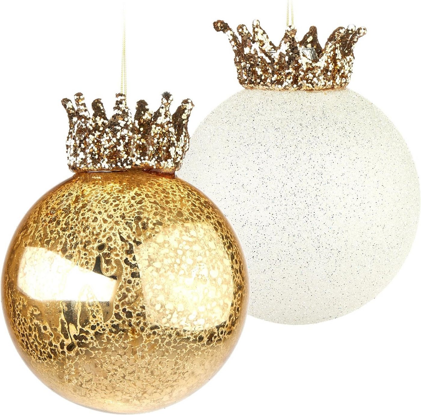 BRUBAKER Weihnachtsbaumkugel Weihnachtskugel Set - King und Queen - 2 Premium Baumkugeln aus Glas (2 St), Gold und Glitzer mit Kronen - Christbaumschmuck König/Königin von BRUBAKER