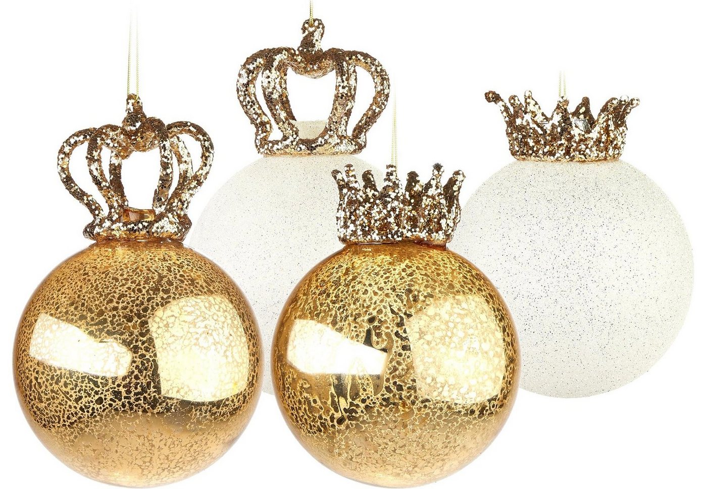 BRUBAKER Weihnachtsbaumkugel Weihnachtskugel Set - King und Queen - 2 Premium Baumkugeln aus Glas (4 St), Gold und Glitzer mit Kronen - Christbaumschmuck König/Königin von BRUBAKER