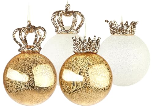 BRUBAKER Weihnachtskugel Set - King und Queen - 4 Premium Baumkugeln aus Glas - Gold und Glitzer mit Kronen - Christbaumschmuck König/Königin - Weihnachtsdeko Royal Duo von BRUBAKER