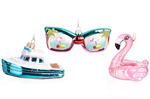 BRUBAKER Weihnachtskugel Set Strand Urlaub - Sonnenbrille Boot und Flamingo Schwimmring - Handbemalte Baumkugeln - Christbaumschmuck aus Glas für Reisende Urlauber - 3tlg. Baumschmuck Lustig von BRUBAKER