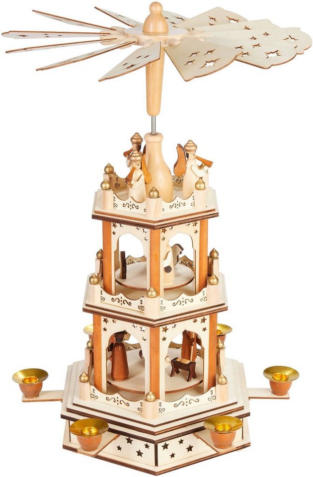 BRUBAKER Weihnachtspyramide 3-stöckige drehbare Holzpyramide - Weihnachtsdekoration mit 3 Etagen, 45 cm Höhe - handbemalte Figuren Weihnachten - Natur Braun - Holz von BRUBAKER