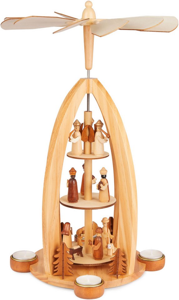 BRUBAKER Weihnachtspyramide 44 cm Teelichtpyramide für Weihnachten - Tischpyramide für 4x Teelicht, Weihnachtspyramide aus Holz - Engel, Jesus, Maria, Josef und Könige von BRUBAKER