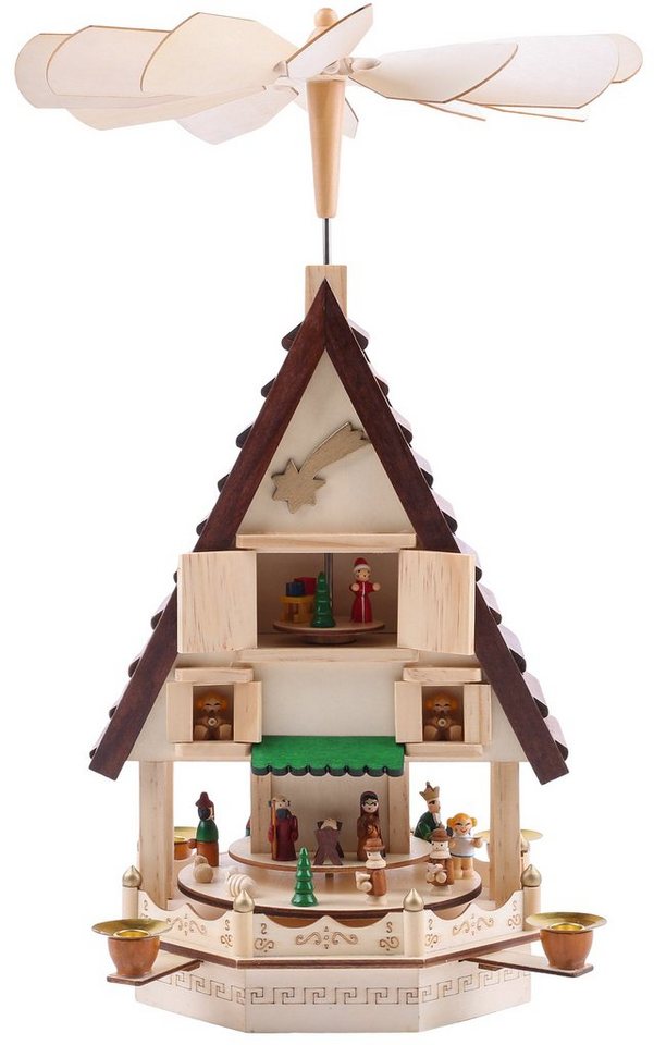 BRUBAKER Weihnachtspyramide Holzpyramide Adventshaus mit 4 Etagen, handbemalte Figuren, Kerzenpyramide aus Holz mit 4 Kerzenhaltern aus Metall, 49 cm hoch von BRUBAKER