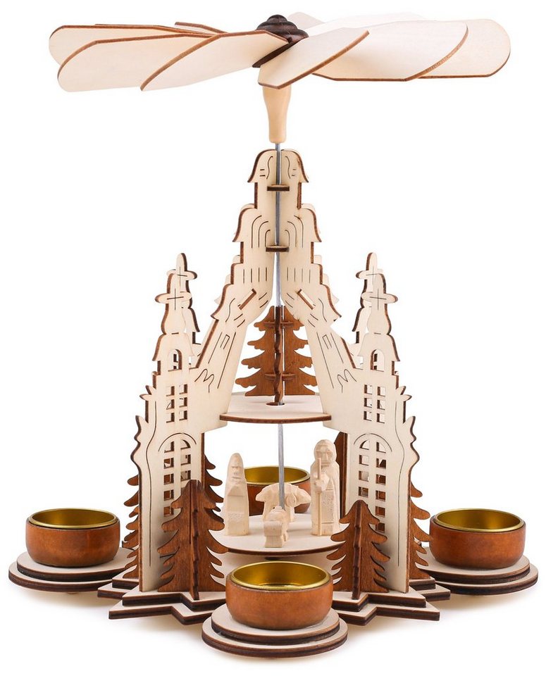BRUBAKER Weihnachtspyramide Teelicht Holzpyramide Kathedrale - 2 Etagen, Holz Teelichtpyramide mit 4 Metall Teelichthaltern Weihnachtsdeko von BRUBAKER