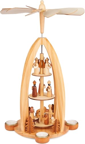 BRUBAKER Weihnachtspyramide aus Holz - Engel, Jesus, Maria, Josef und Könige - 44 cm große Teelichtpyramide für Weihnachten - drehbare Tischpyramide für 4 Teelichter - Handbemalt - Braun von BRUBAKER