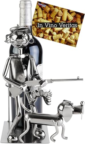 BRUBAKER Weinflaschenhalter Jäger mit Jagdhund - Flaschenhalter aus Metall - Jagd Geschenk Metallfigur mit Hund - Weingeschenk Flaschenständer mit Geschenkkarte - Farbe: Silber von BRUBAKER