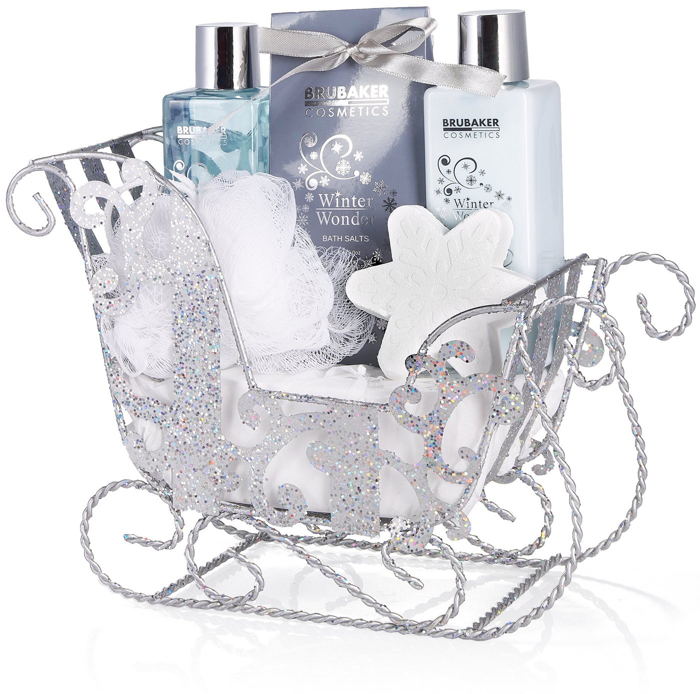 BRUBAKER Wellness-Pflegeset Dusch- und Badeset mit Vanille Duft, Pflegeset für Damen, Silber, 6-tlg., Set, Frauen Geschenkset Weihnachten in Glitzer Schlitten, Beauty BRUBAKER Wellness-Pflegeset Dusch- und Badeset mit Vanille Duft, Pflegeset für Damen, Silber, 6-tlg., Set, Frauen Geschenkset Weihnachten in Glitzer Schlitten, Beauty von BRUBAKER