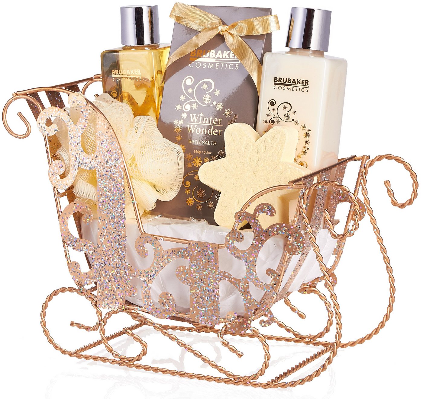 BRUBAKER Wellness-Pflegeset Dusch- und Badeset mit Vanille Duft, Weihnachtsset Gold, 6-tlg., Set, Geschenkset Weihnachten in Glitzer Schlitten, Pflegeset für Frauen BRUBAKER Wellness-Pflegeset Dusch- und Badeset mit Vanille Duft, Weihnachtsset Gold, 6-tlg., Set, Geschenkset Weihnachten in Glitzer Schlitten, Pflegeset für Frauen von BRUBAKER