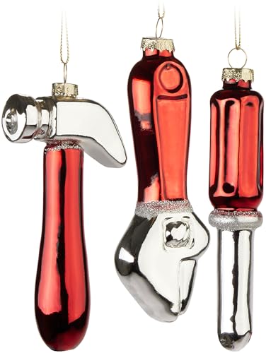 BRUBAKER Werkzeug Set - 3er Set Weihnachtskugeln aus Glas - Schraubendreher, Hammer und Schraubenschlüssel - 12 cm Werkzeug Baumkugeln für Handwerker - Mundgeblasen und Handbemalt - Rot von BRUBAKER