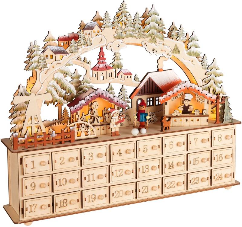 BRUBAKER befüllbarer Adventskalender Weihnachtsdorf - 40 cm Holz Weihnachtskalender + LED Beleuchtung (Adventskalender zum Befüllen mit Bogen - Beleuchtet, 1-tlg), Dorf mit Kindern, Bäckerei, Hund und Wald von BRUBAKER