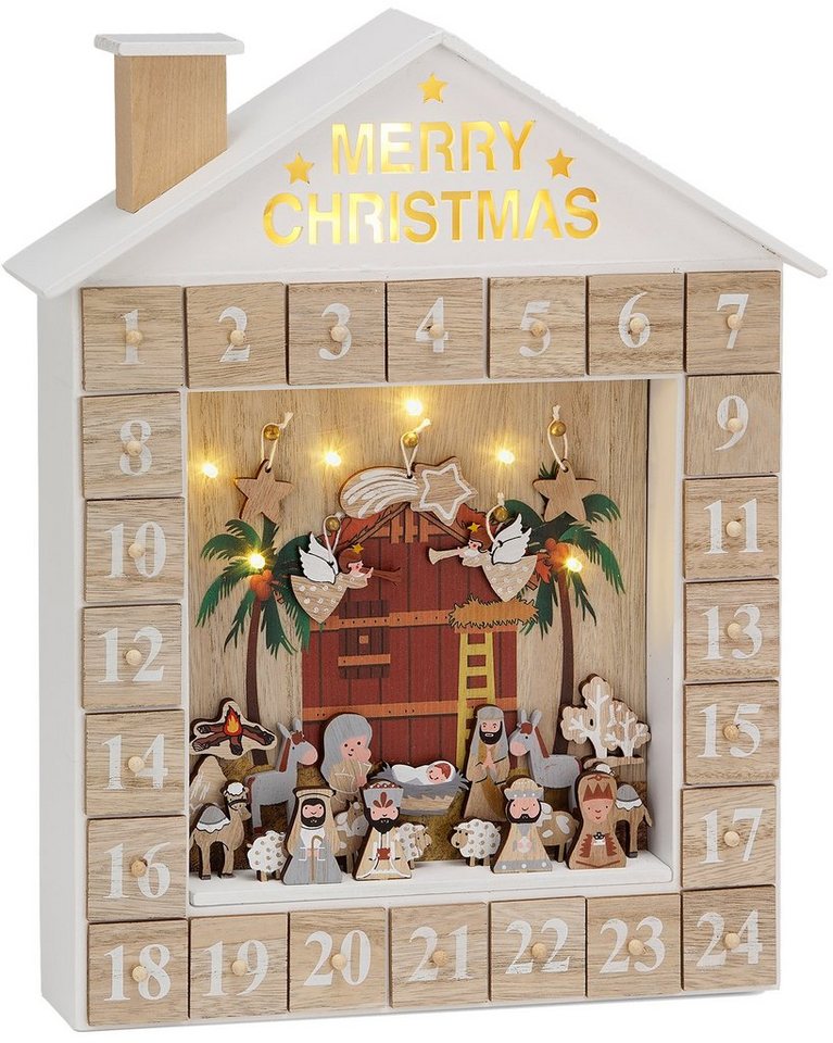 BRUBAKER befüllbarer Adventskalender Weihnachtskalender zum Befüllen - Bibelgeschichte mit LED Beleuchtung, Holz Kalender Weihnachten Krippe - 31,5 cm von BRUBAKER