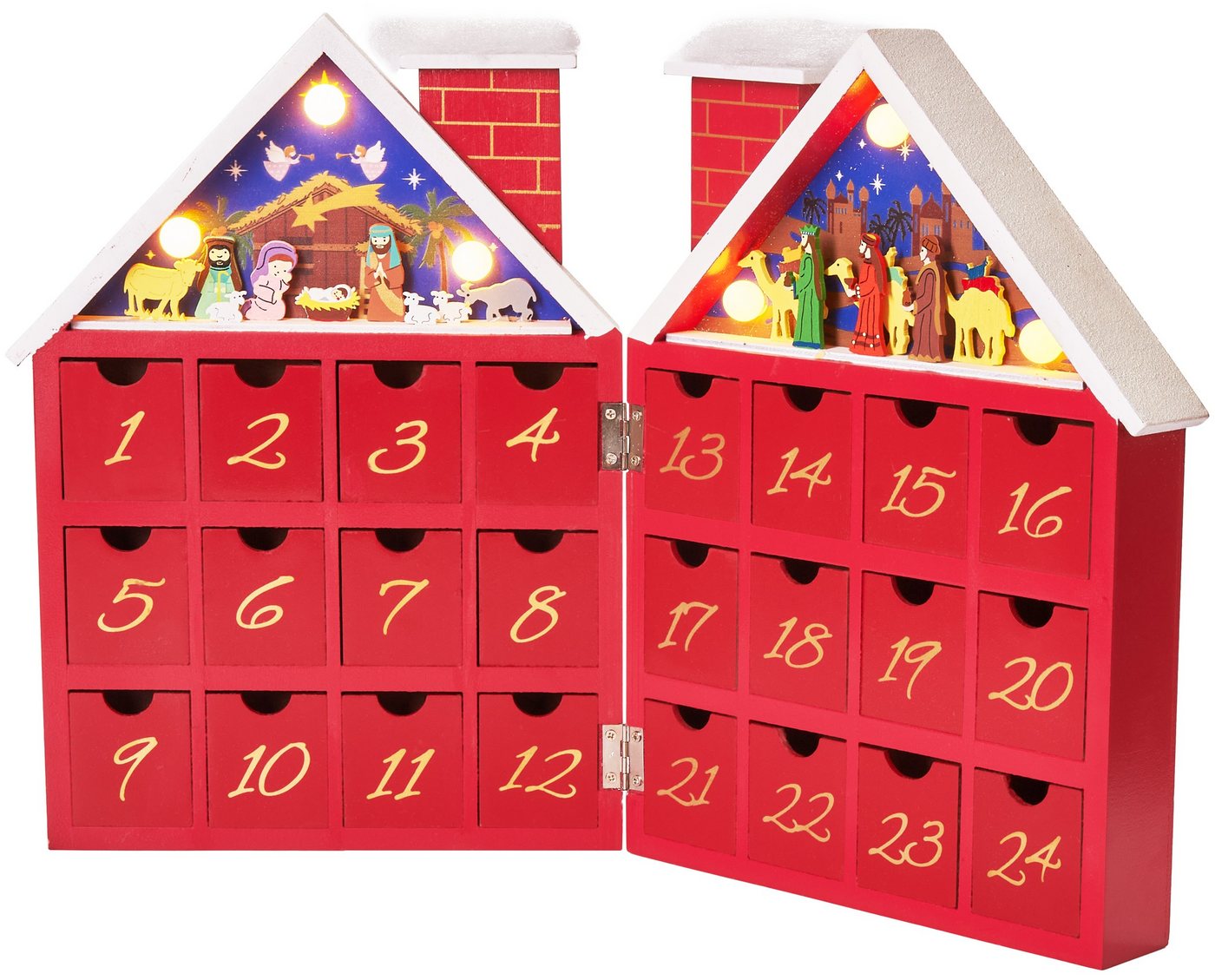BRUBAKER befüllbarer Adventskalender Weihnachtskalender zum Befüllen - Kalender Weihnachten 21 x 9 x 30 cm (Wiederverwendbar, 1-tlg), Weihnachtshaus Krippenspiel Rot - LED-Beleuchtung von BRUBAKER