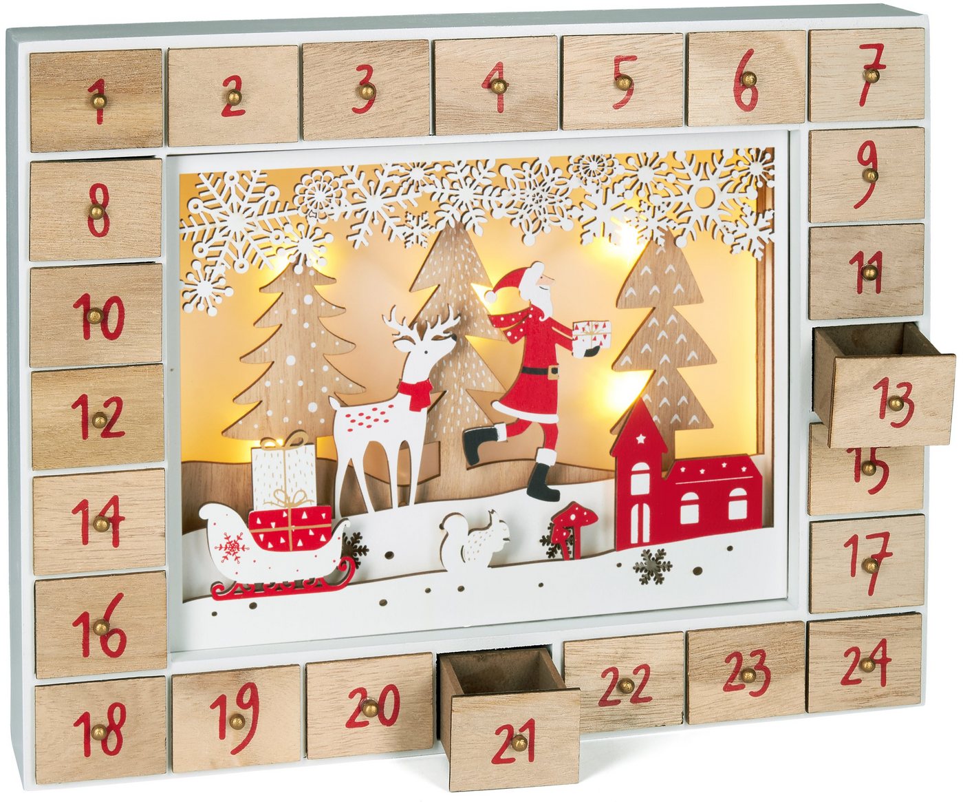 BRUBAKER befüllbarer Adventskalender Weihnachtskalender zum Befüllen - Kalender Weihnachten LED-Beleuchtung (Wiederverwendbar, 1-tlg), Holz Deko Weihnachtsmann im Wald 35,5 x 6 x 27 cm von BRUBAKER