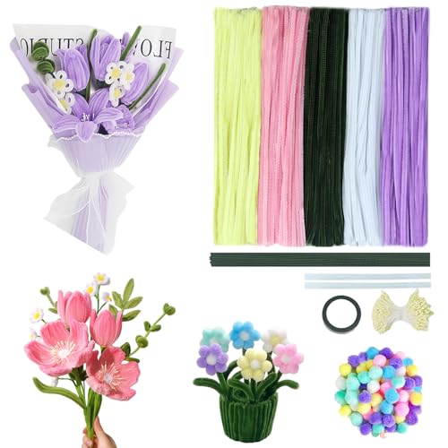 500 Stück Pfeifenputzer zum Basteln mit 5 Farben(Lila Rosa Grün Gelb weiß),350 Staubblatt Weiß mit Zwei Perlen Köpfen, 25 Blumendraht Grün, 100 Stück 1cm Mini Pompons für DIY Handwerksprojekt von BRUKUSUR