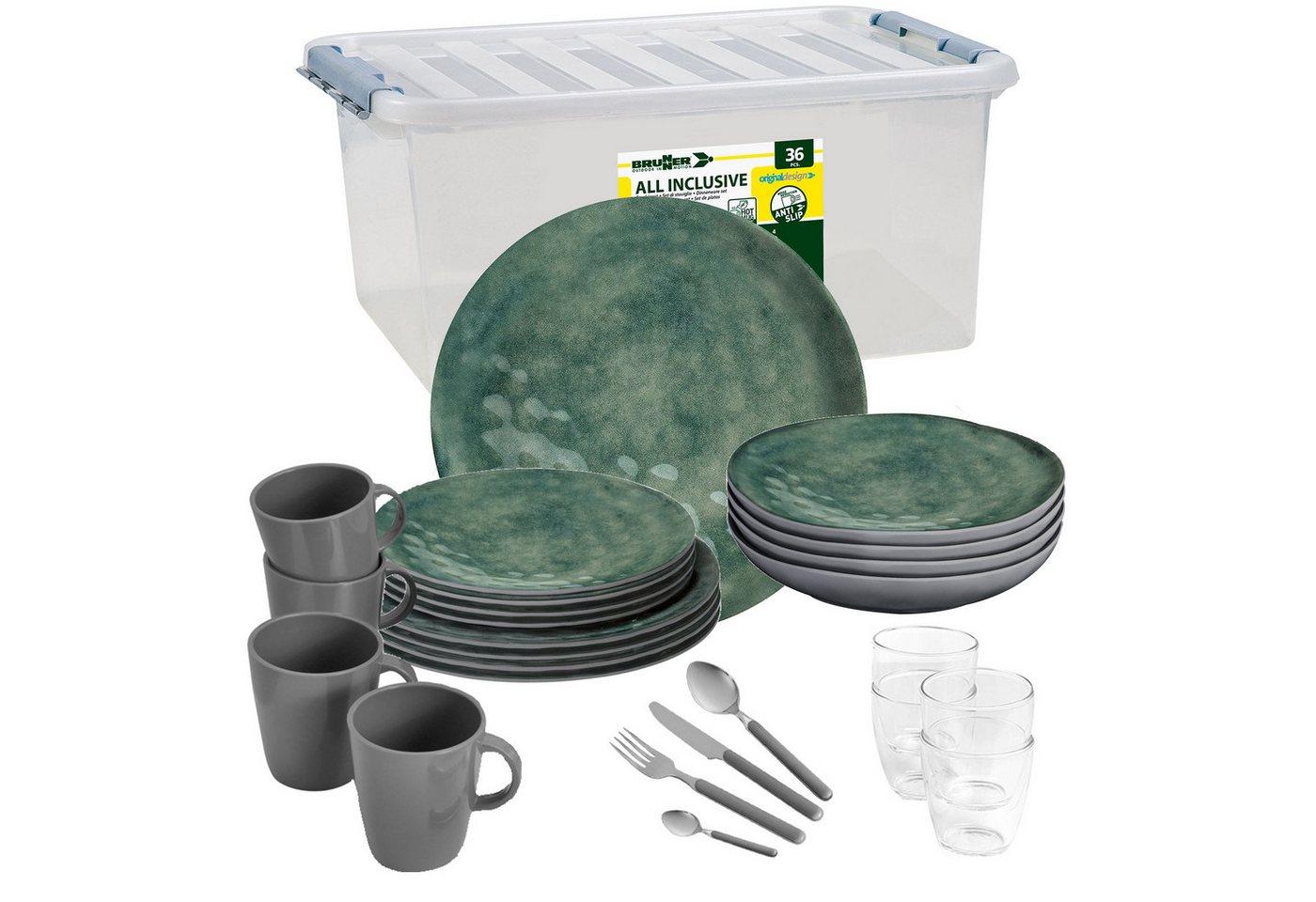 BRUNNER Geschirr-Set BRUNNER Camping Geschirrset VENETIAN (8, 12, 16, 36-Teile) SEA GREEN (36-tlg) von BRUNNER