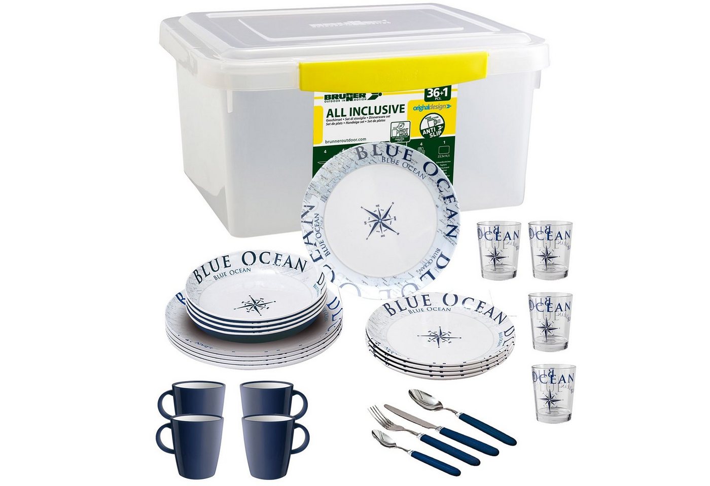 BRUNNER Geschirr-Set BRUNNER Melamin Campinggeschirr Set BLUE OCEAN (8, 12, 16, 36-Teile) (36-tlg) von BRUNNER